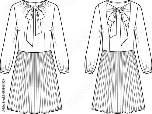 Technical Flat Sketch of Long Sleeve Pleated Mini Dress with Pussy Bow Neckline Front and Back View Fashion Illustration Design Template
