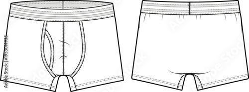 Technical Flat Sketch of Men’s Boxer Briefs with Elastic Waistband and Contour Pouch Front and Back View Underwear Fashion Illustration Template