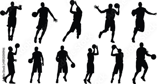 Eleven black silhouettes of basketball players in dynamic poses including dribbling, shooting, passing, and jumping, arranged in rows, perfect for sports design, animation, and creative artwork 
