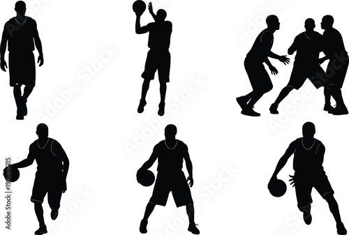 Six black silhouettes of basketball players in dynamic poses including dribbling, shooting, passing, and defending, arranged in rows, perfect for sports design, animation, and creative artwork
