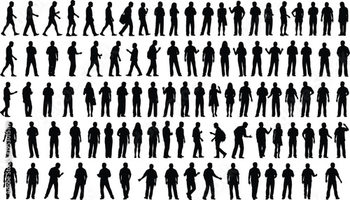 Grid of human silhouettes in diverse poses and stances, walking, standing, and gesturing, perfect for animation, crowd simulation, gesture recognition, and creative design projects.