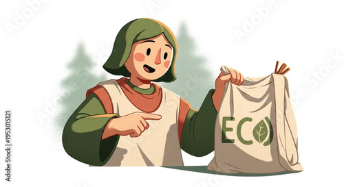 Cartoon character cheerfully pointing to a reusable fabric bag, soft earthy colors.