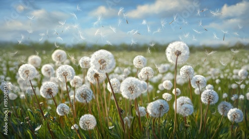 Many dandelions blow in the wind under a blue sky with clouds in a green field near a sunny day