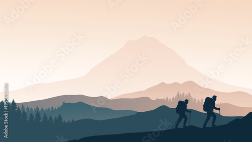 Silhouette vector of hikers with backpacks trekking on mountain peaks at sunset landscape