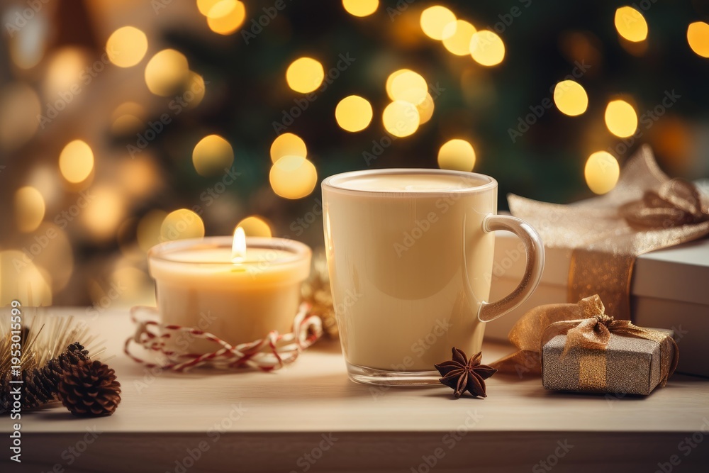 Fototapeta premium Warm latte, lit candle, and gifts creating a cozy holiday atmosphere, with bokeh lights