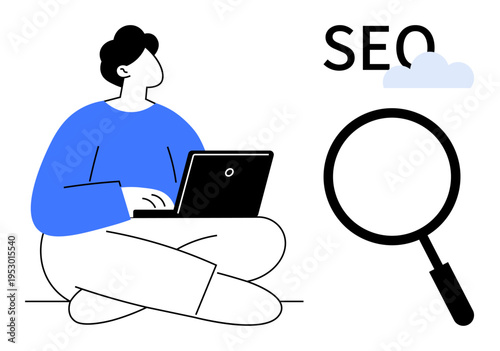 SEO concept. Person seated with a laptop alongside a magnifying glass online search optimization and digital marketing. SEO improves website visibility. For media, technology, marketing, content