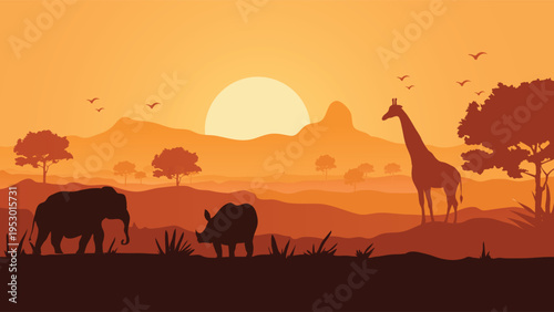 African savanna vector landscape with silhouettes of elephant, giraffe, and rhino at sunset