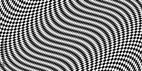 Black and white checkerboard floor fading in perspective. Vanishing checkered tile pattern background. Vector vintage empty room stage checker floor. Retro horizontal chess board grid plane surface