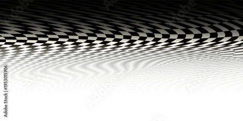 Black and white checkerboard floor fading in perspective. Vanishing checkered tile pattern background. Vector vintage empty room stage checker floor. Retro horizontal chess board grid plane surface