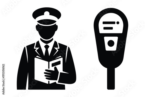 Security guard with book and parking meter icon