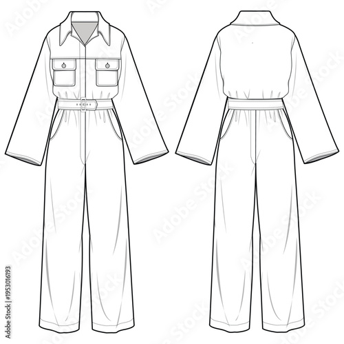 Women's Button front belted Shirt jumpsuit design flat sketch fashion illustration with front and back view,  Belted overall wide leg jumpsuit dress with wide leg pant drawing vector template.
