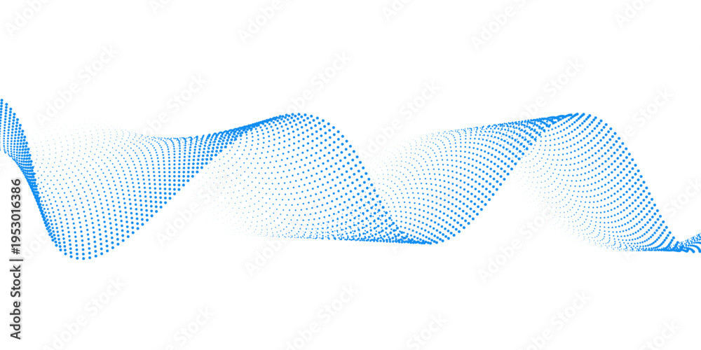 Fototapeta premium Blue dotted wave line pattern. Light halftone undulate net background. Abstract air flowing particle wallpaper. Vector curve dashed gradient element for poser, banner, presentation, booklet, flyer