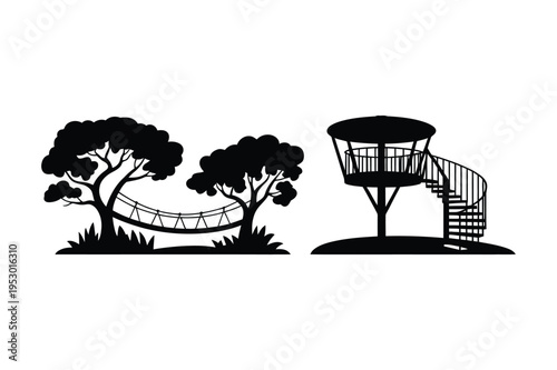 Rope bridge between trees and treehouse silhouette
