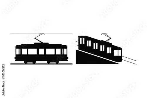 Tram and funicular silhouette icons with cable car