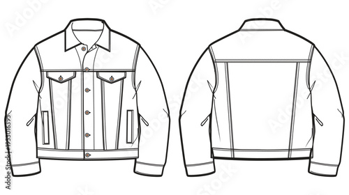 Baby boy Denim  jacket design flat sketch Illustration front and back view vector template, Toddler baby Denim Jacket drawing mock up template cad drawing mock up