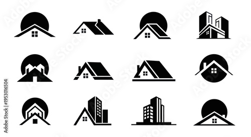 Black and white house building icons.