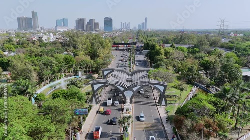Aerial 4k view of Noida Entry Gate, Welcome to Noida, in Noida, Uttar Pradesh, India