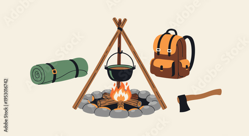 Camping gear with fire pit setup.