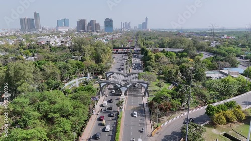 Aerial 4k view of Noida Entry Gate, Welcome to Noida, in Noida, Uttar Pradesh, India