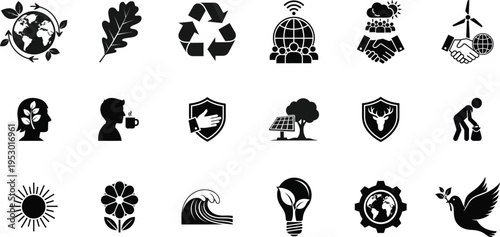 Collection of eco friendly and nature inspired silhouettes and logos featuring various symbols