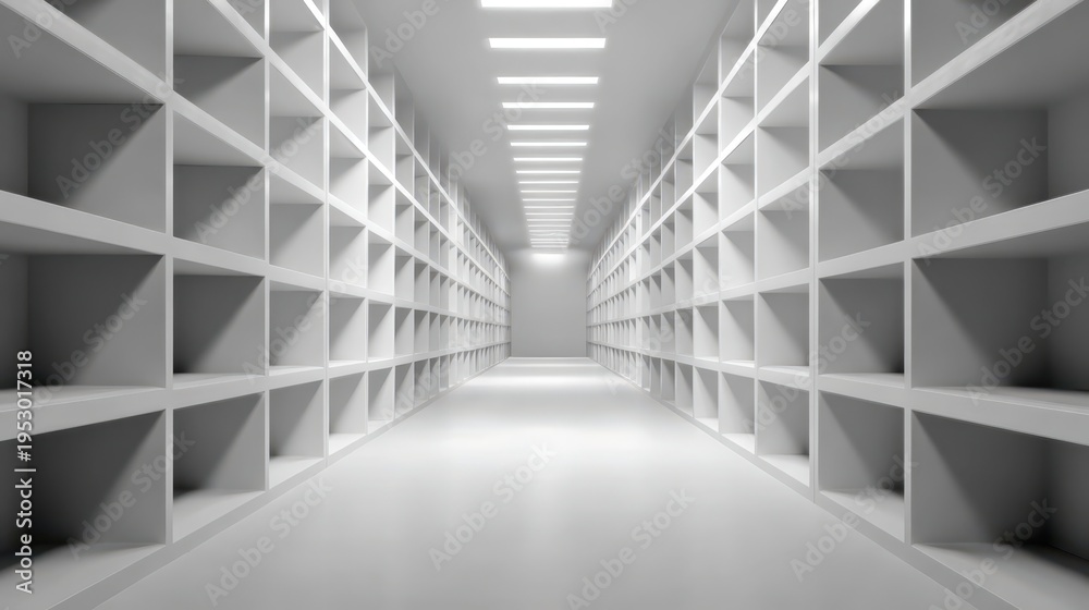 Obraz premium Empty white warehouse aisle with endless shelving racks and bright overhead lighting perspective