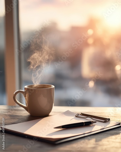 Steaming coffee mug beside blank clipboard and pen on desk by window in warm golden morning light