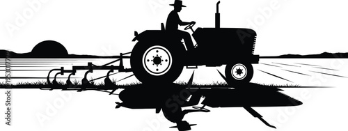 tractor and a farmer in field silhouettes on the water field with vintage transport icons