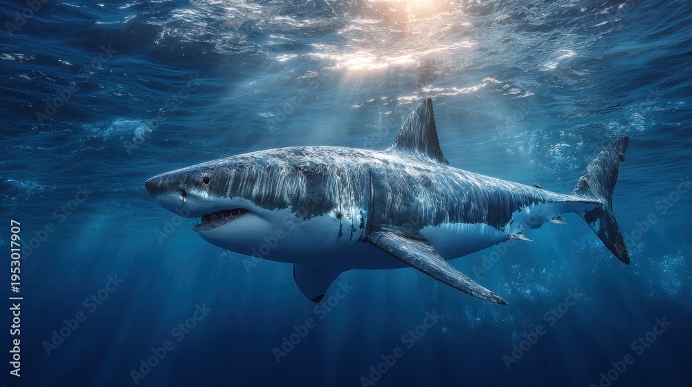 Fototapeta premium Side profile of a great white shark rendered in a lifelike 3D illustration over a blue ocean backdrop