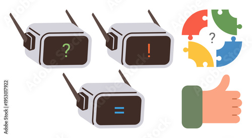 Artificial intelligence, robotics, problem-solving, decision-making, collaboration, teamwork. Robots displaying symbols, puzzle pieces and a thumbs up gesture. Problem-solving and teamwork concept