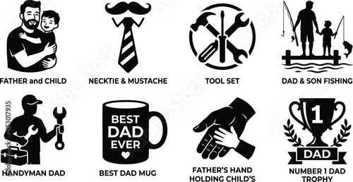 Collection of diverse black vector icons representing fatherhood and paternal love activities on a clean white background