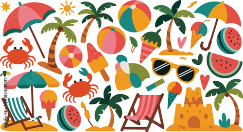 A vibrant collection of colorful summer vacation icons including palm trees beach chairs ice cream and sandcastles