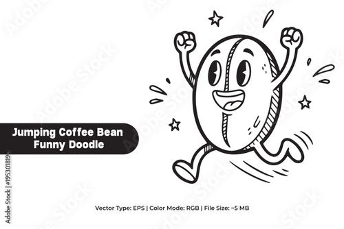 Happy Dancing Coffee Cup Character with Splash and Saucer Vector Doodle