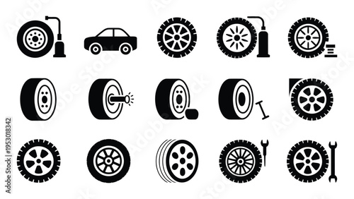 Collection of stylized black icons representing various car tires wheels and related automotive service equipment on a white background