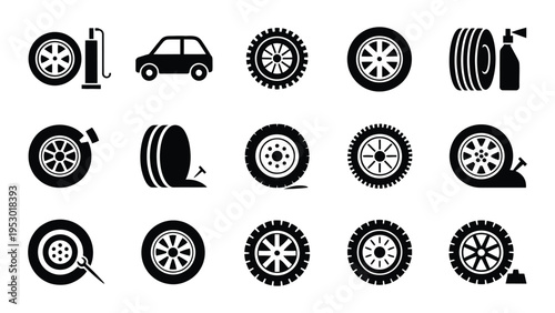 Collection of automotive tire and wheel related icons representing car maintenance and repair services