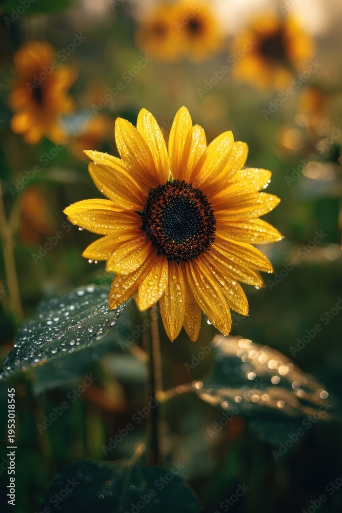 Obraz premium Vibrant sunflower portrait with sunlit petals and soft background bokeh