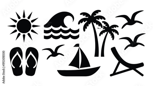 Collection of black silhouette beach vacation icons including sun waves palm trees seagulls sailboat flipflops and lounge chair