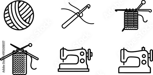 Collection of simple line art icons representing knitting and sewing crafts.