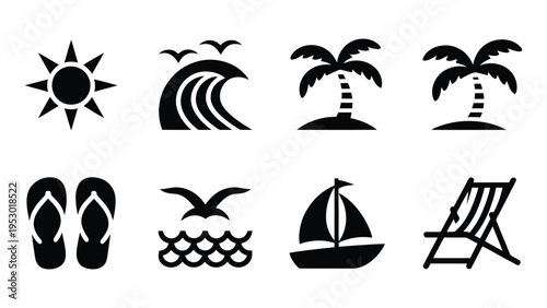 Collection of summer vacation and beach icons including sun wave palm trees flipflops seagull sailboat and deck chair