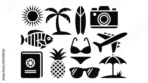 Collection of vacation and travel related icons including a sun palm tree surfboard camera airplane fish bikini passport pineapple sunglasses and umbrella