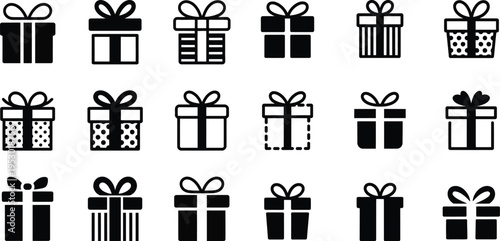 Collection of diverse flat icon designs representing various gift boxes with ribbons and bows for celebrations and gifting occasions