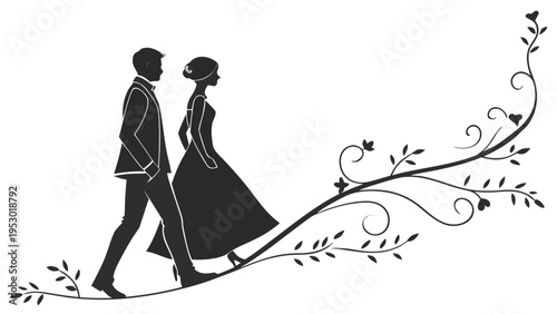 A minimalist vector illustration of a couple walking together in a romantic setting with floral designs
