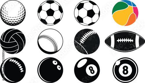 Collection of various sports balls and game equipment depicted as simple graphic icons isolated on transparent background