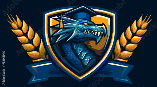 A regal blue dragon wearing a graduation cap within a crest. Wheat stalks and ribbon complete design