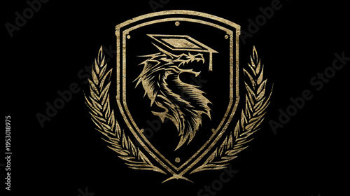 A golden crest on black background. A dragon wearing a graduation cap, with wheat