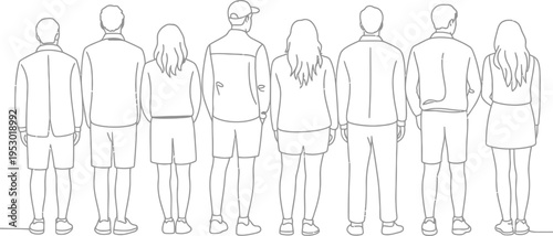 Diverse group of people standing together viewed from the back wearing casual clothing isolated on transparent background