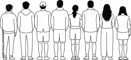 Diverse group of stylized people standing facing away from viewer in casual clothing isolated on transparent background