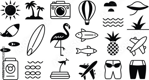 Collection of various travel and vacation icons representing summer holidays and tropical destinations including sun palms camera flamingo and airplane