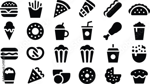 Collection of stylized black food and drink icons representing popular fast food and treats isolated on transparent background