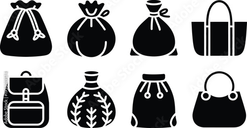Collection of eight different black silhouette bags and pouches on a white background representing various styles and uses
