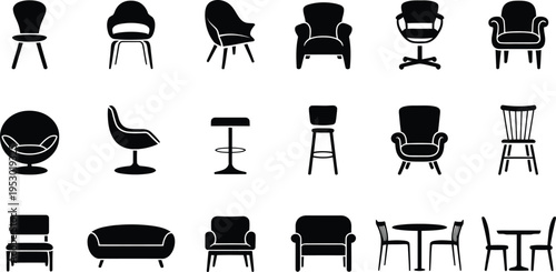 Collection of diverse modern and traditional furniture silhouettes representing chairs sofas armchairs stools and tables isolated on transparent background